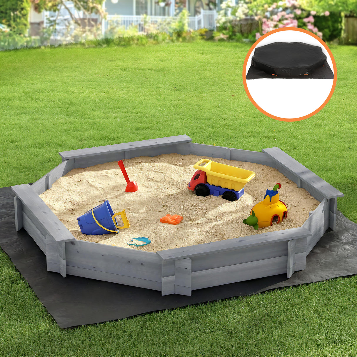 Octagon Wooden Sandpit with Cover and Bench Seats, Grey 182cm