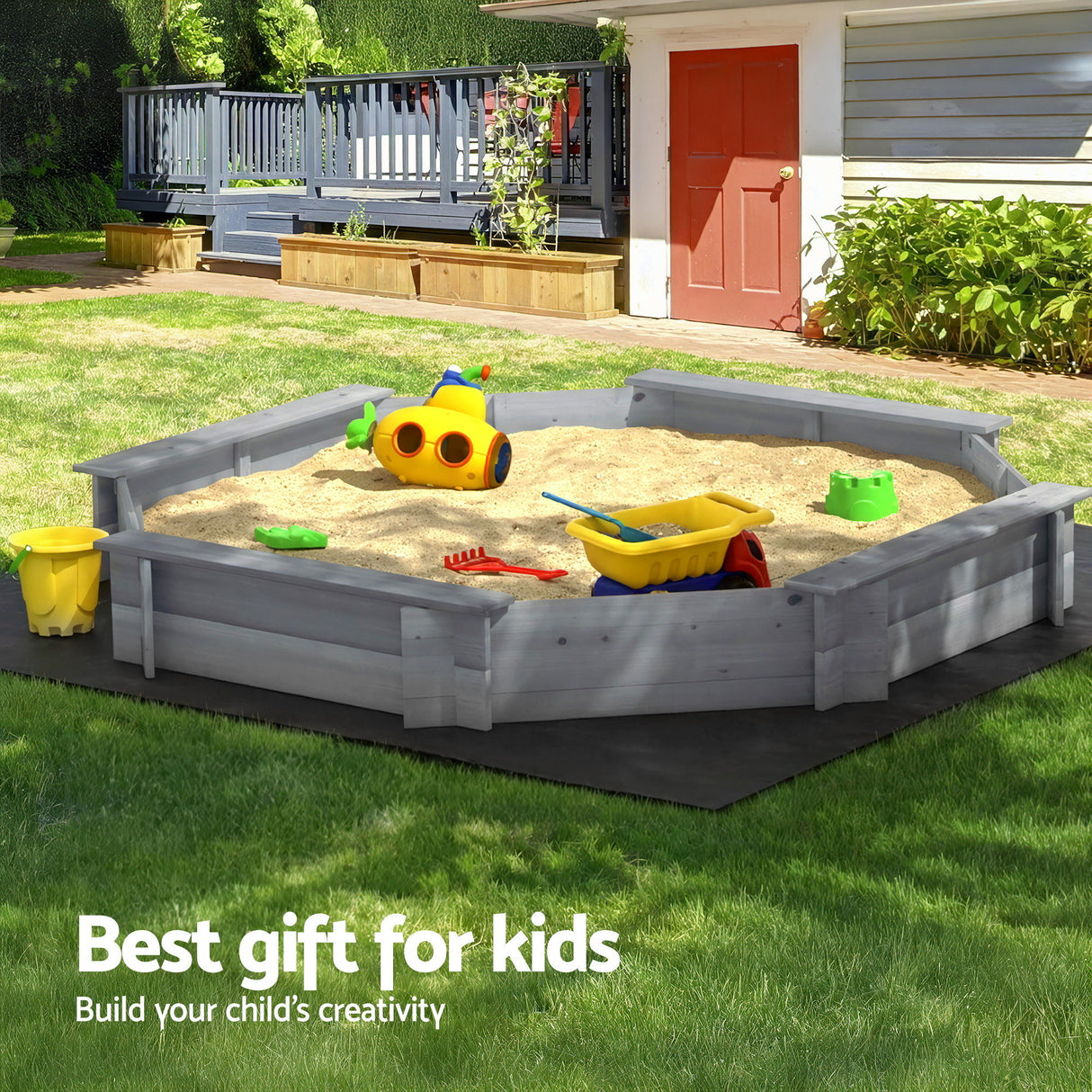 Octagon Wooden Sandpit with Cover and Bench Seats, Grey 182cm
