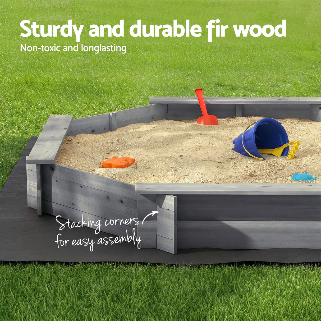 Octagon Wooden Sandpit with Cover and Bench Seats, Grey 182cm