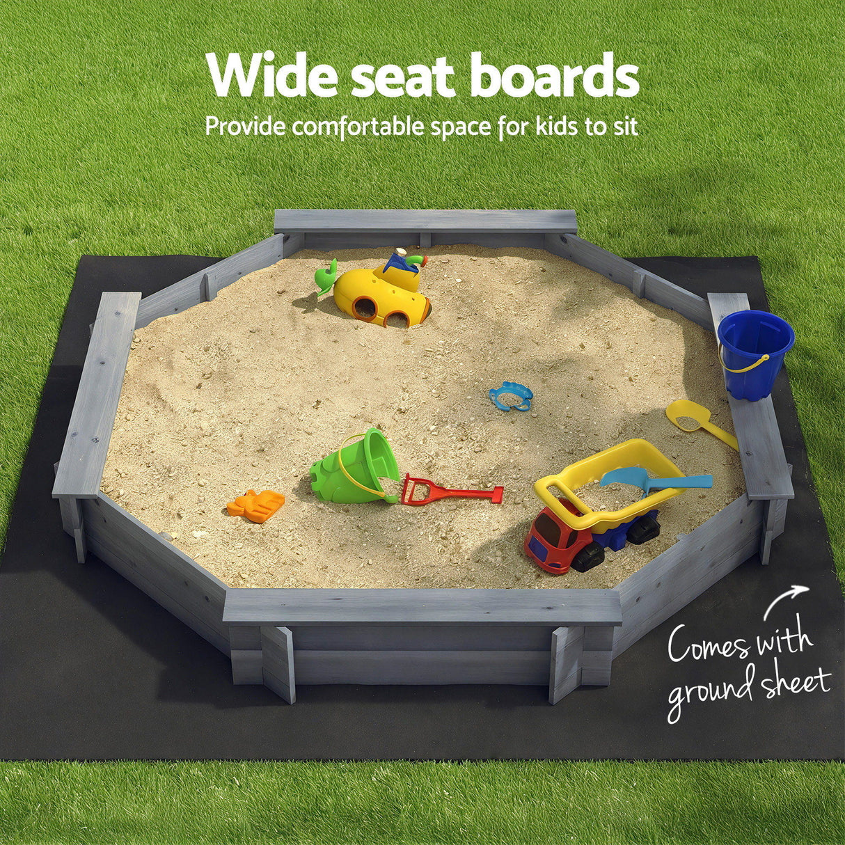 Octagon Wooden Sandpit with Cover and Bench Seats, Grey 182cm