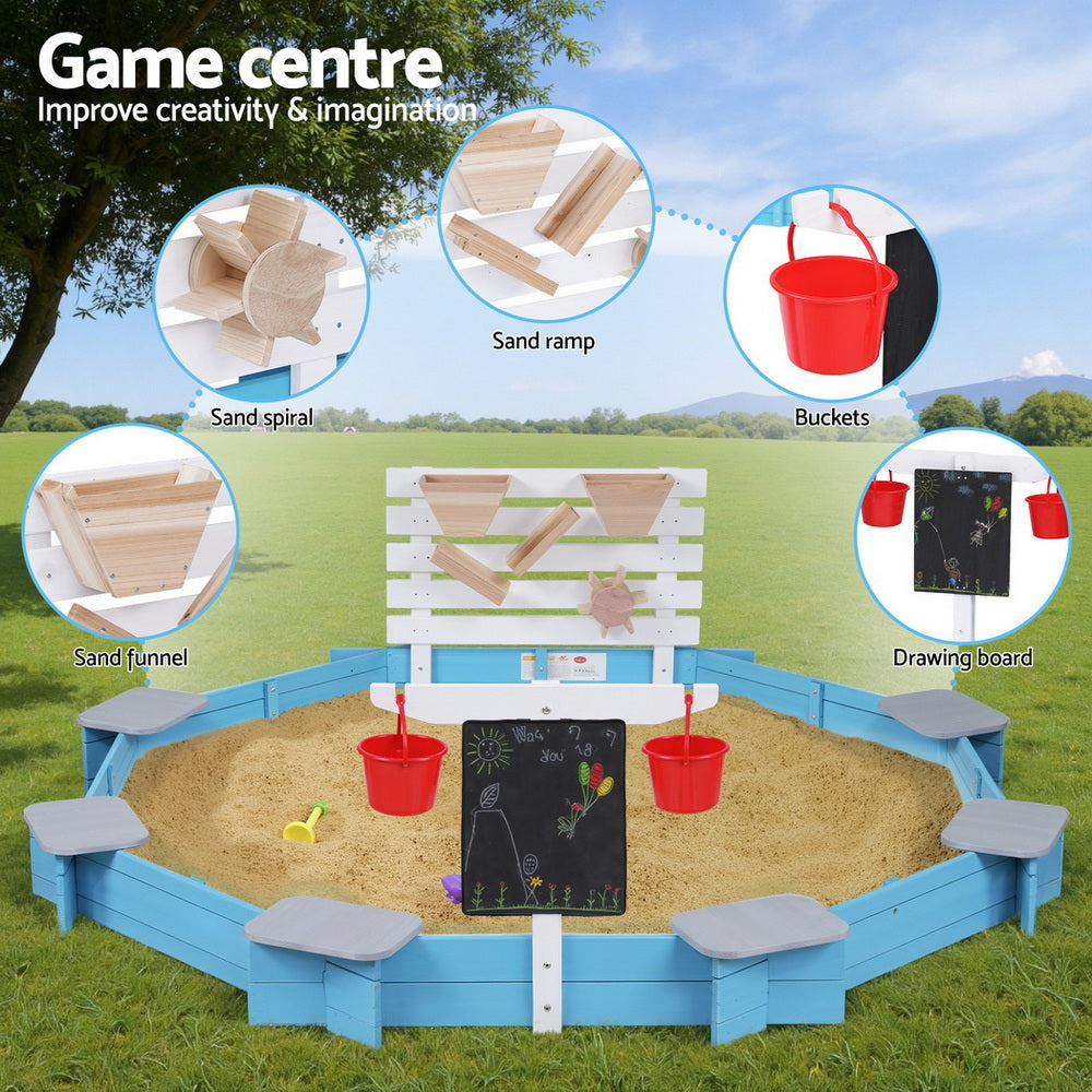 Round Wooden Sandpit with Funnel and Bench Seats, 215cm
