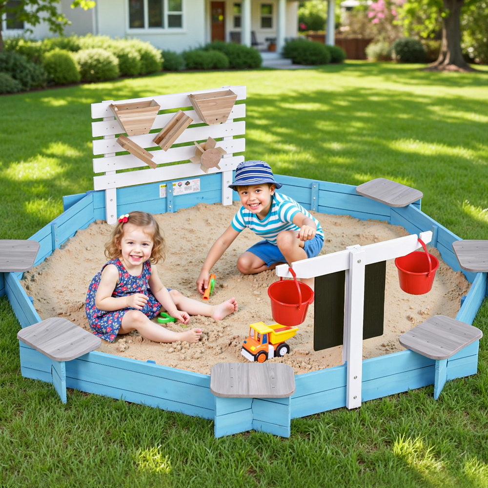 Round Wooden Sandpit with Funnel and Bench Seats, 215cm