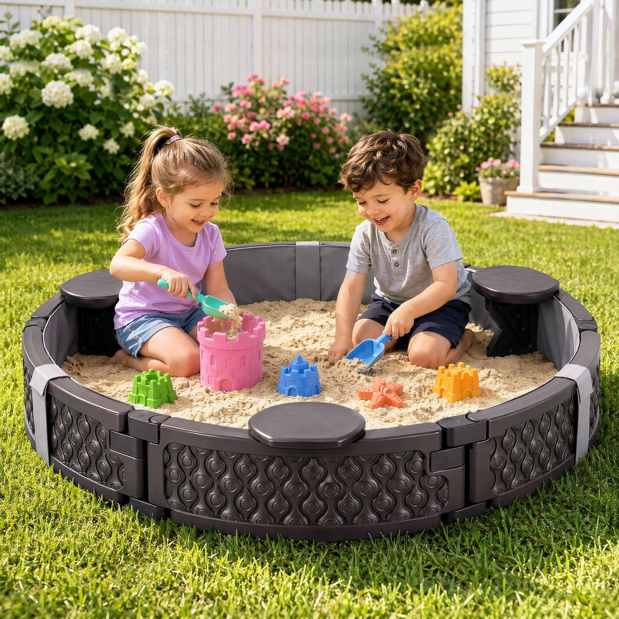 Kids round outdoor sandpit with 3 seats in brown