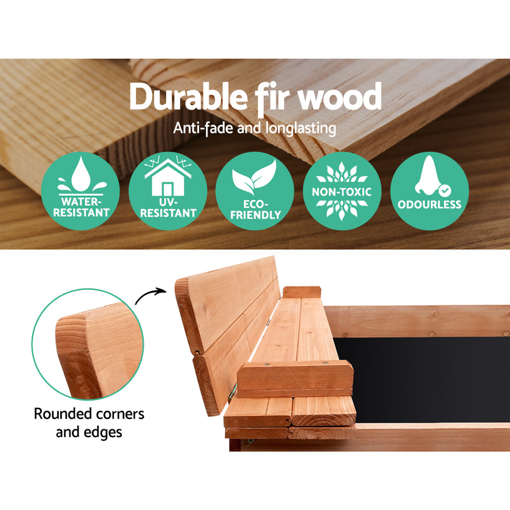 Wooden square sandpit with foldable bench seats