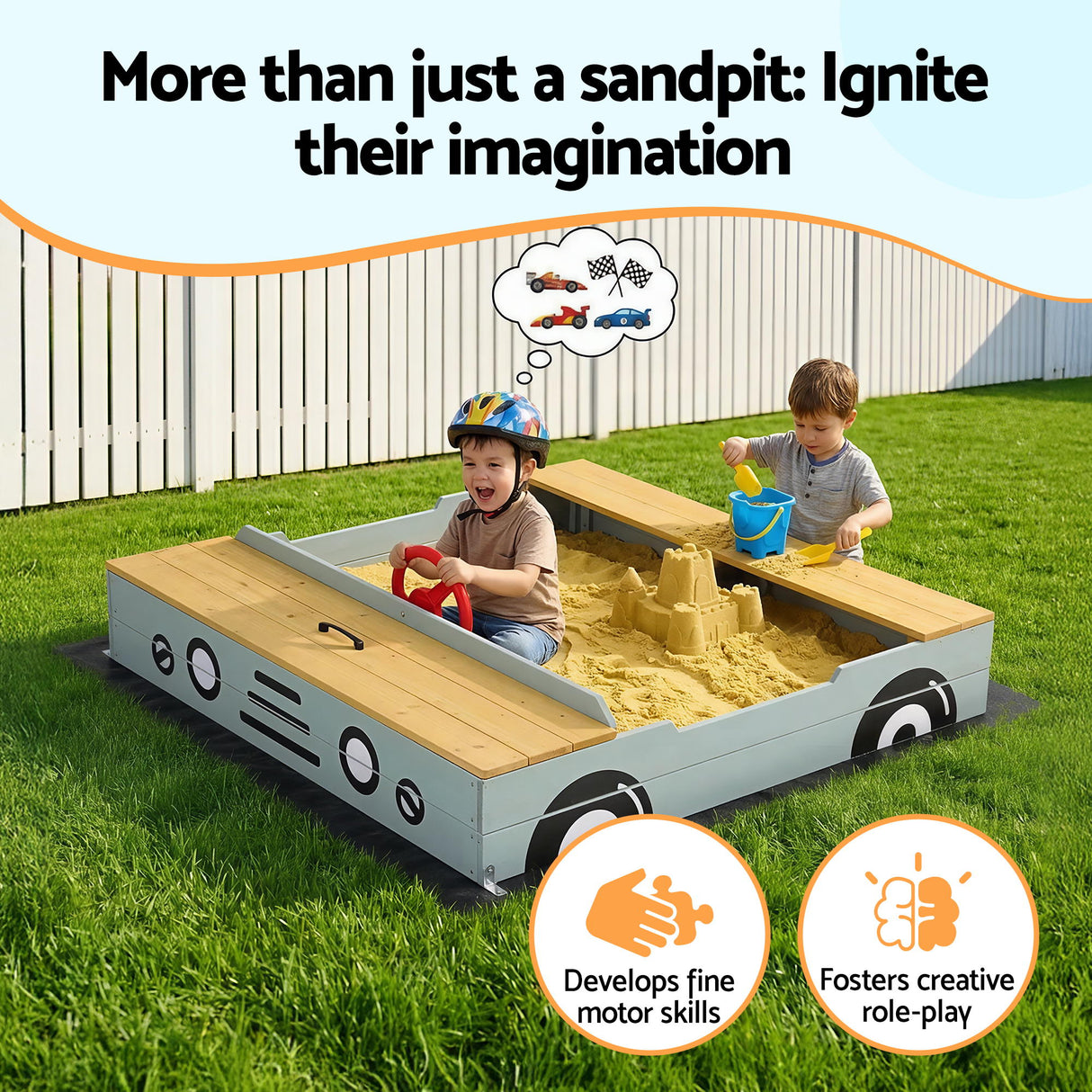 Child playing in wooden car sandpit