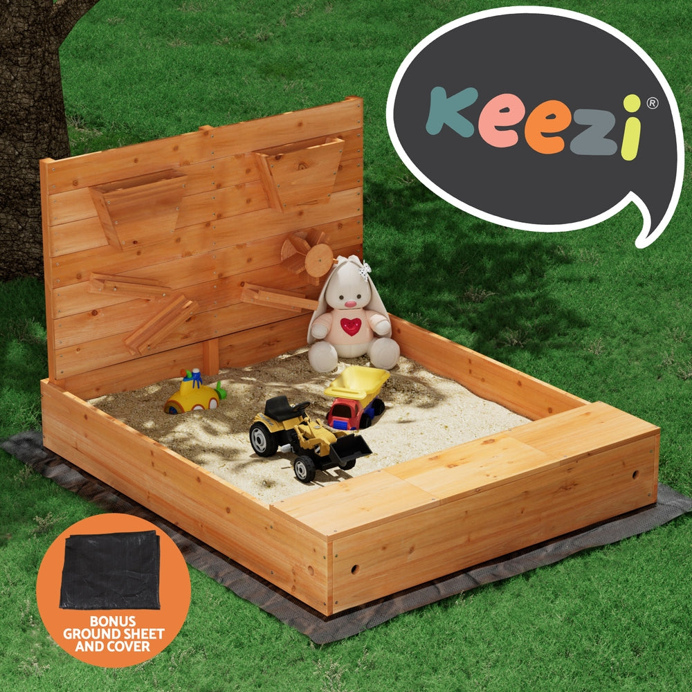 Wooden sandbox with funnel wall and bench seats