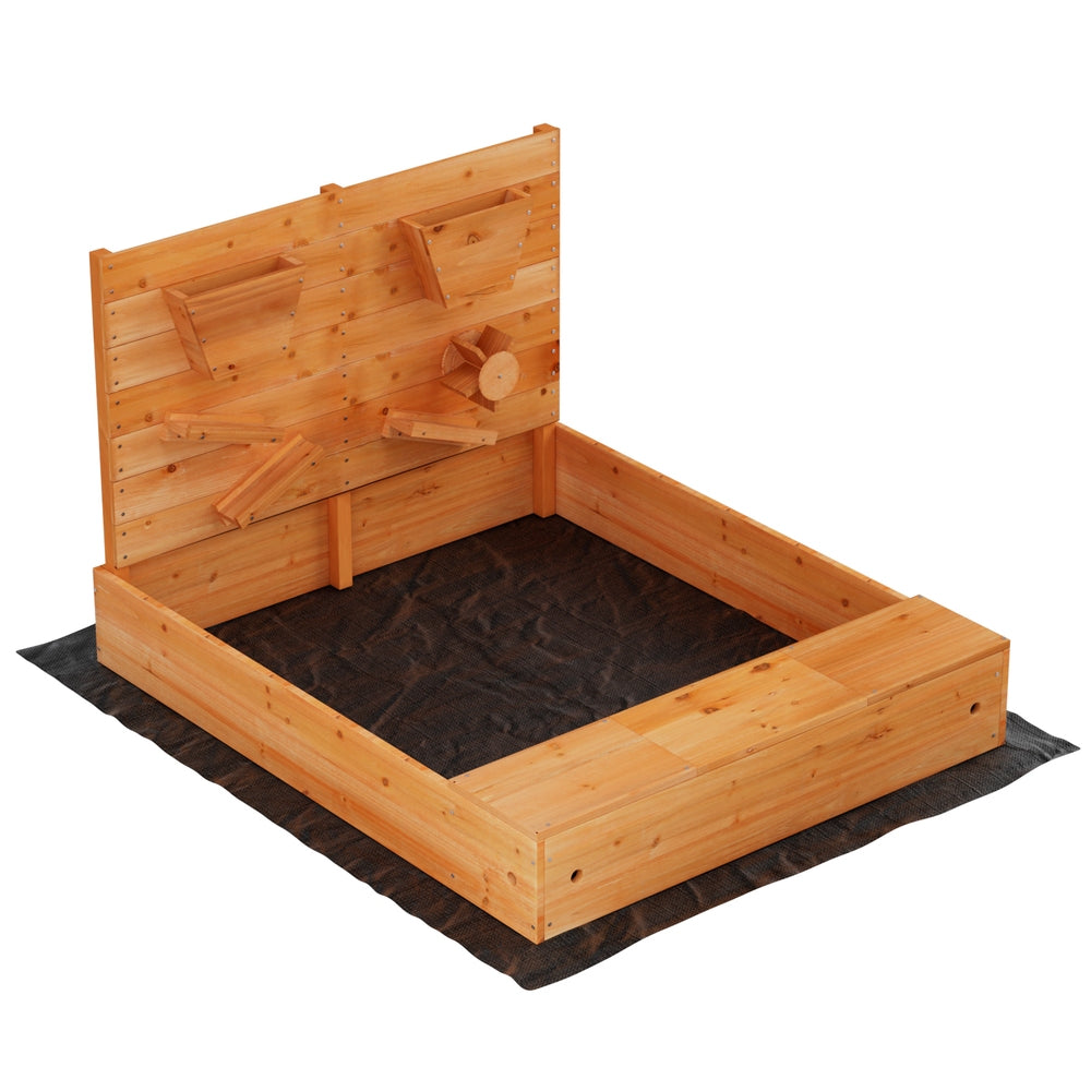 Wooden sandbox with funnel wall and bench seats