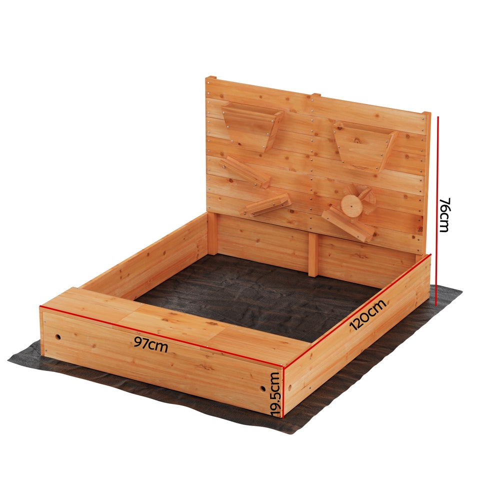 Wooden sandbox with funnel wall and bench seats