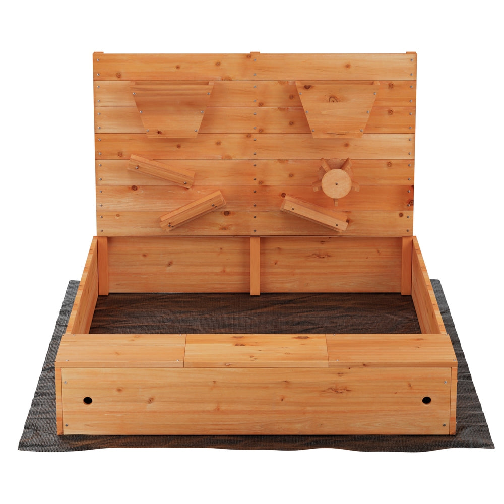 Wooden sandbox with funnel wall and bench seats