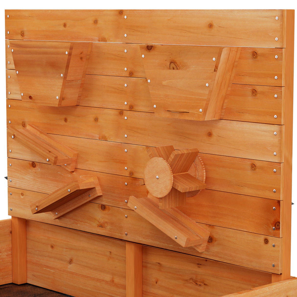 Wooden sandbox with funnel wall and bench seats