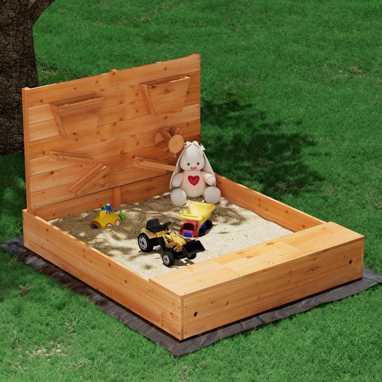 Wooden sandbox with funnel wall and bench seats