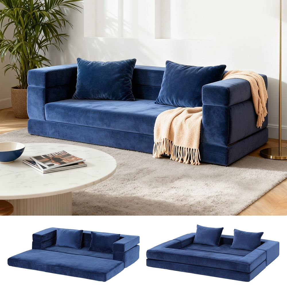 Ametlla Blue velvet sofa bed in a modern living room