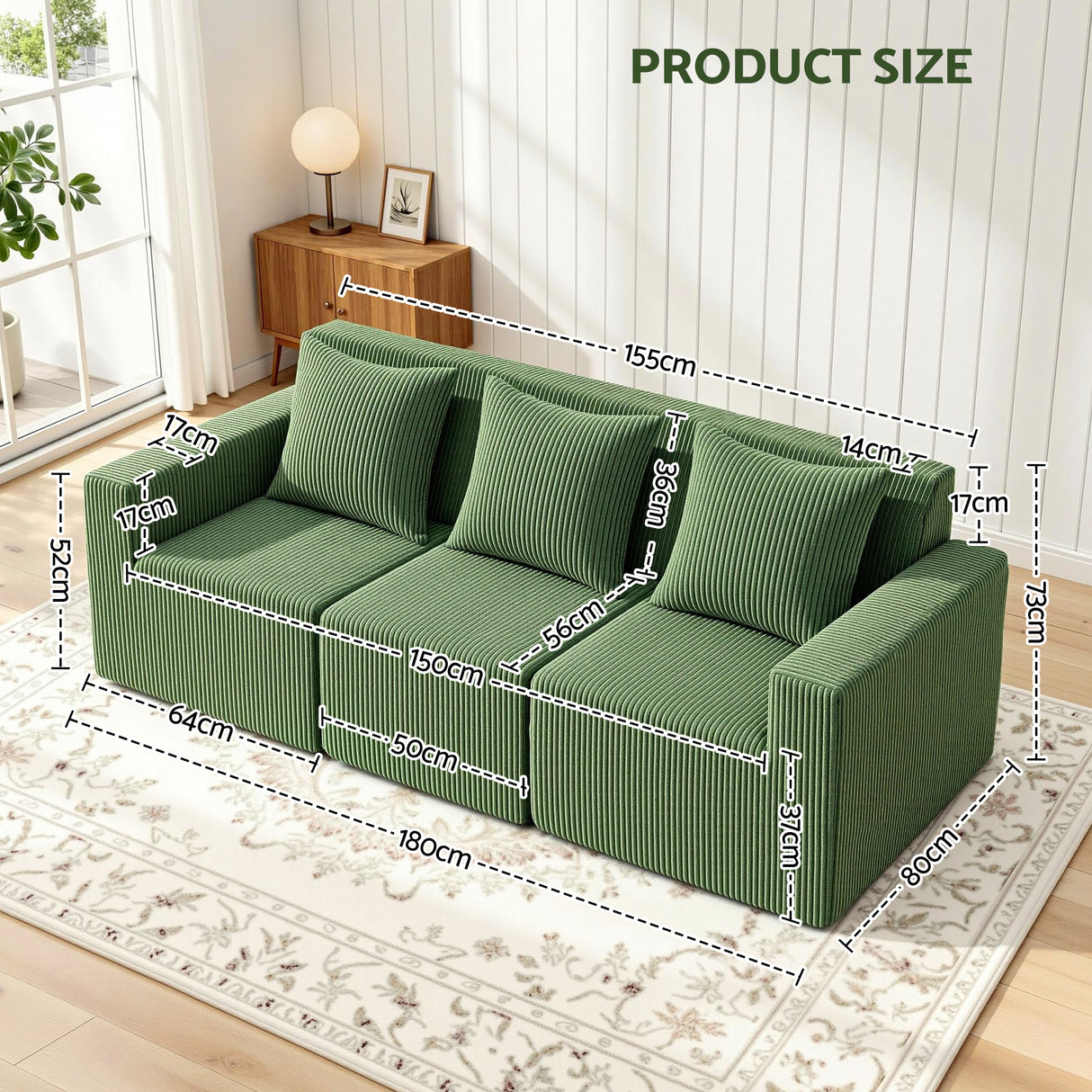 Torredembarra 3 Seater Modular Sofa, Green