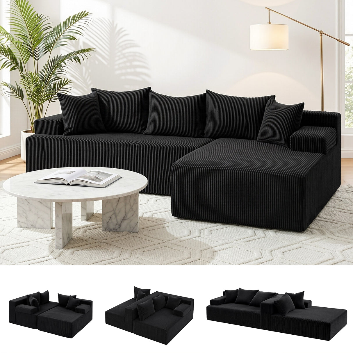 Empuries Black corduroy modular sofa in a modern living room