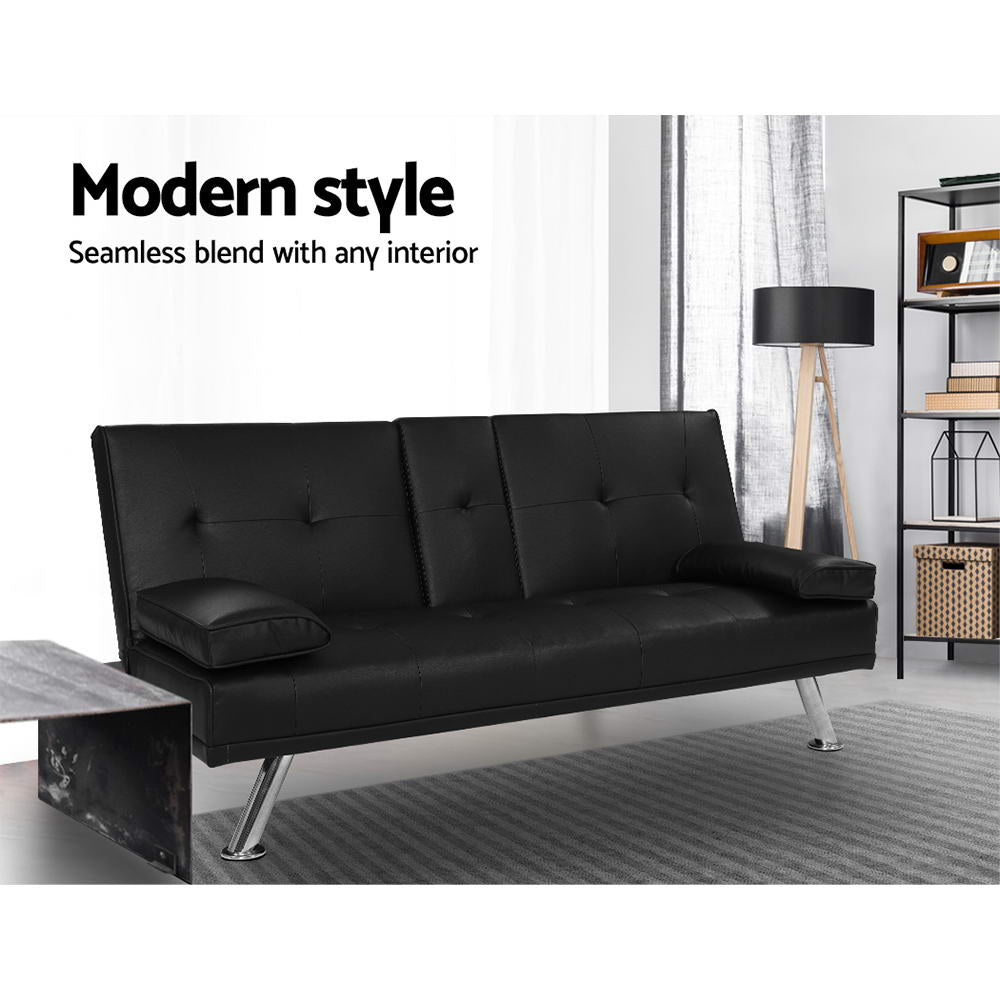 Artiss Black PU Leather 3-Seater Sofa Bed — 168cm, Cinema Lounge Style — Allure Home Collections