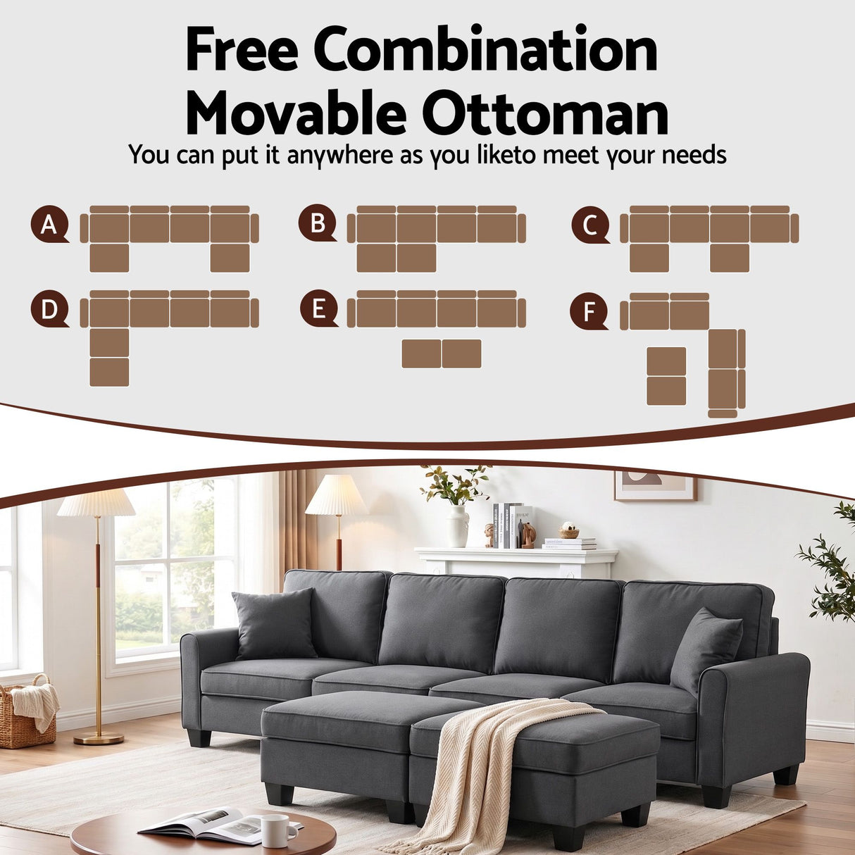 Llafranc 6 Seater Sectional Sofa, Grey