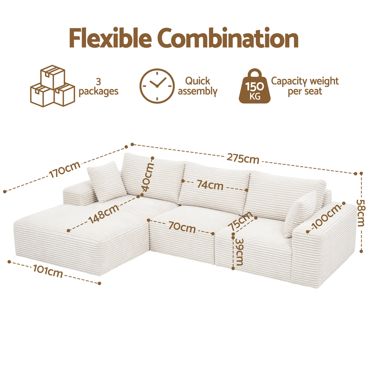 Tavernes 3 Seater Modular Sofa, White