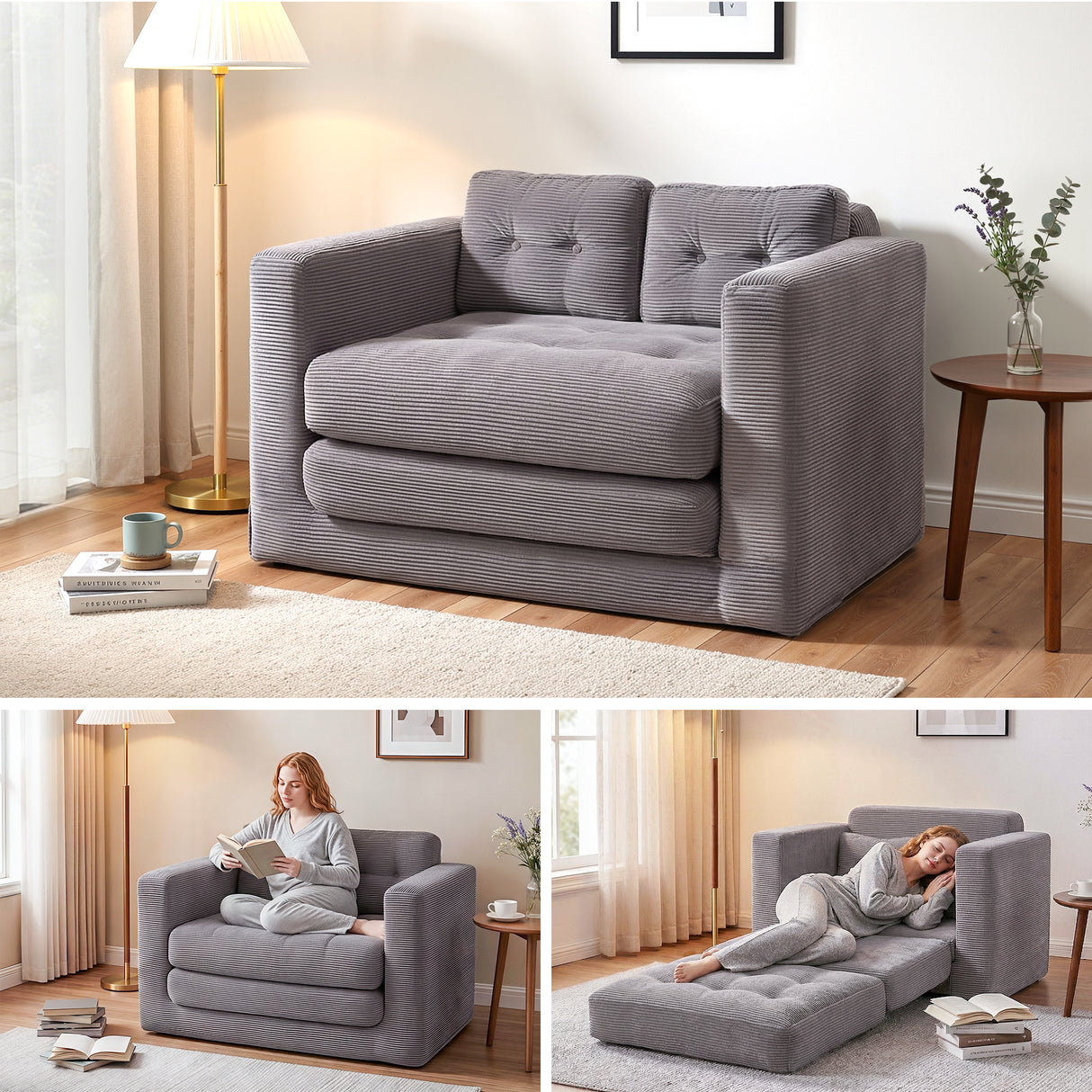 Vilanova Grey corduroy sofa bed in a modern living room
