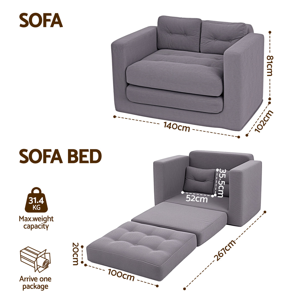 Vilanova 2 Seater Sofa Bed, Grey