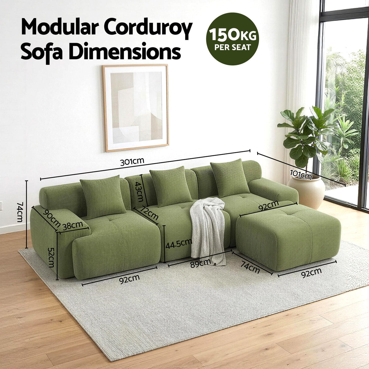 Tavernes 4 Seater Modular Sofa, Green
