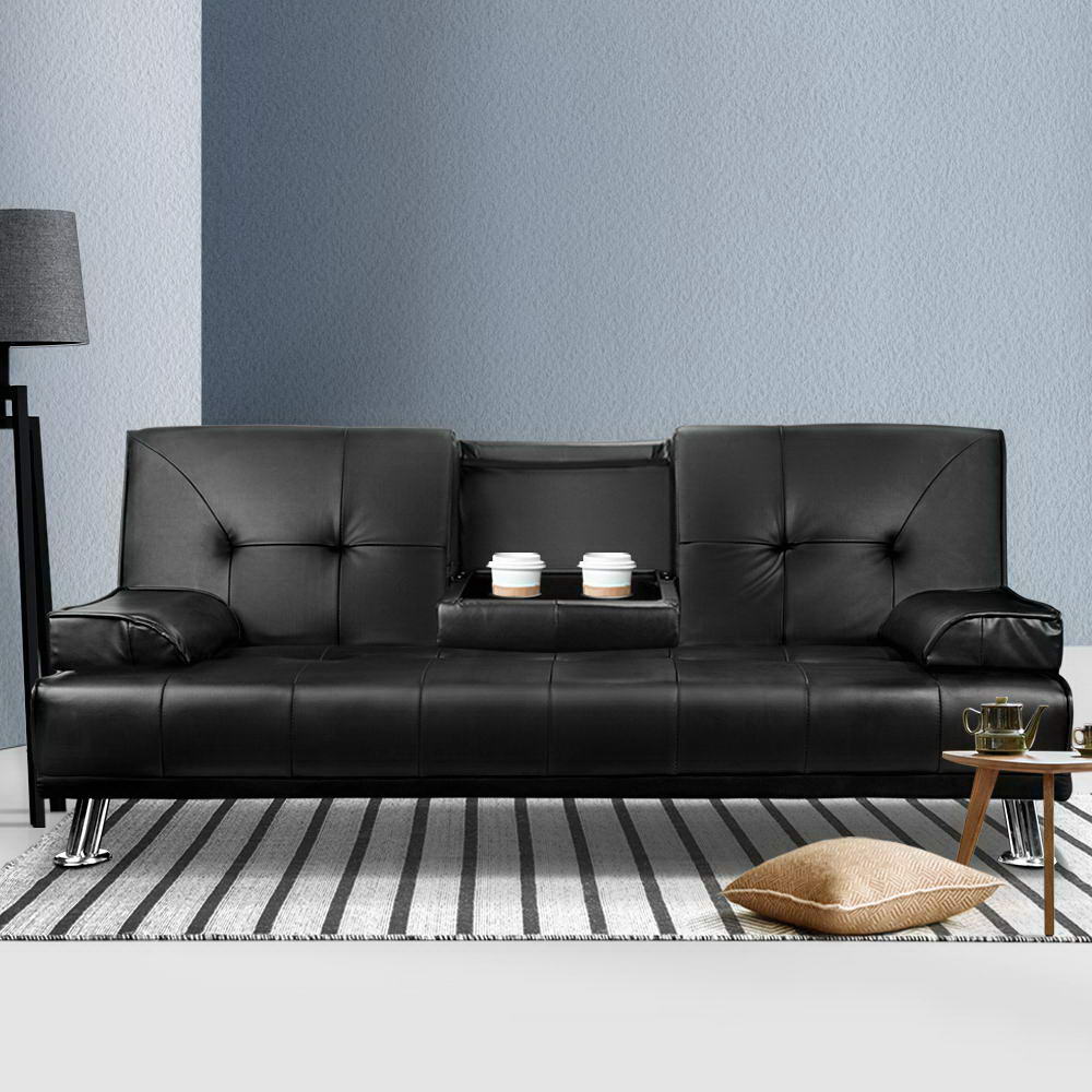Artiss Luxurious 3-Seater PU Leather Convertible Sofa Bed with Cup Holder — Allure Home Collections