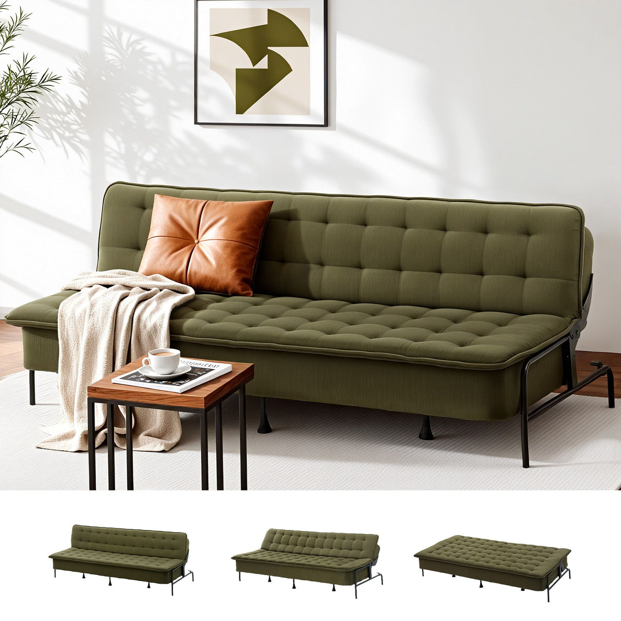 Ronda green velvet sofa bed in a modern living room