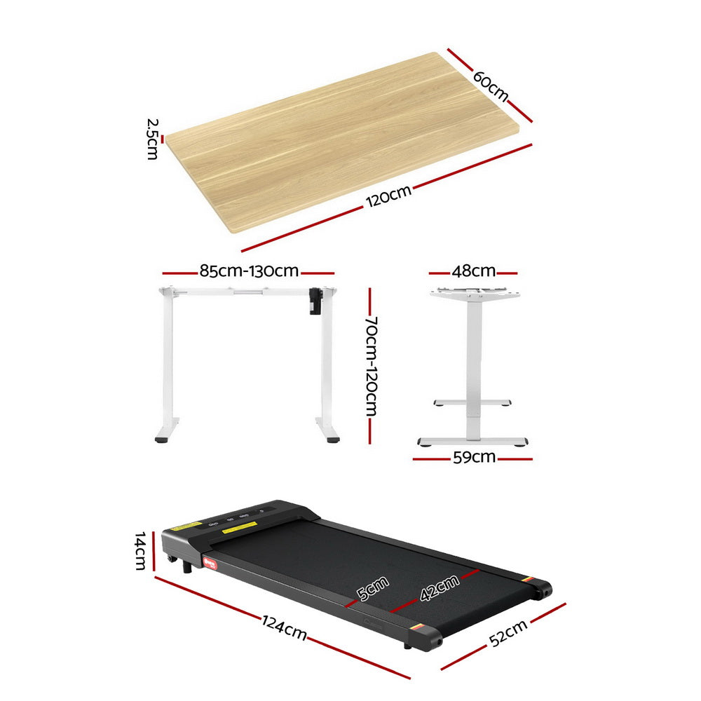 Kingston oak electric standing desk with walking pad in a home office