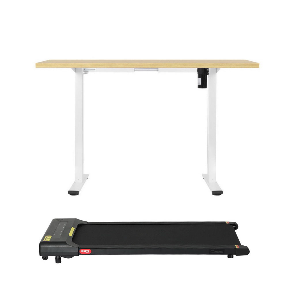Kingston oak electric standing desk with walking pad in a home office