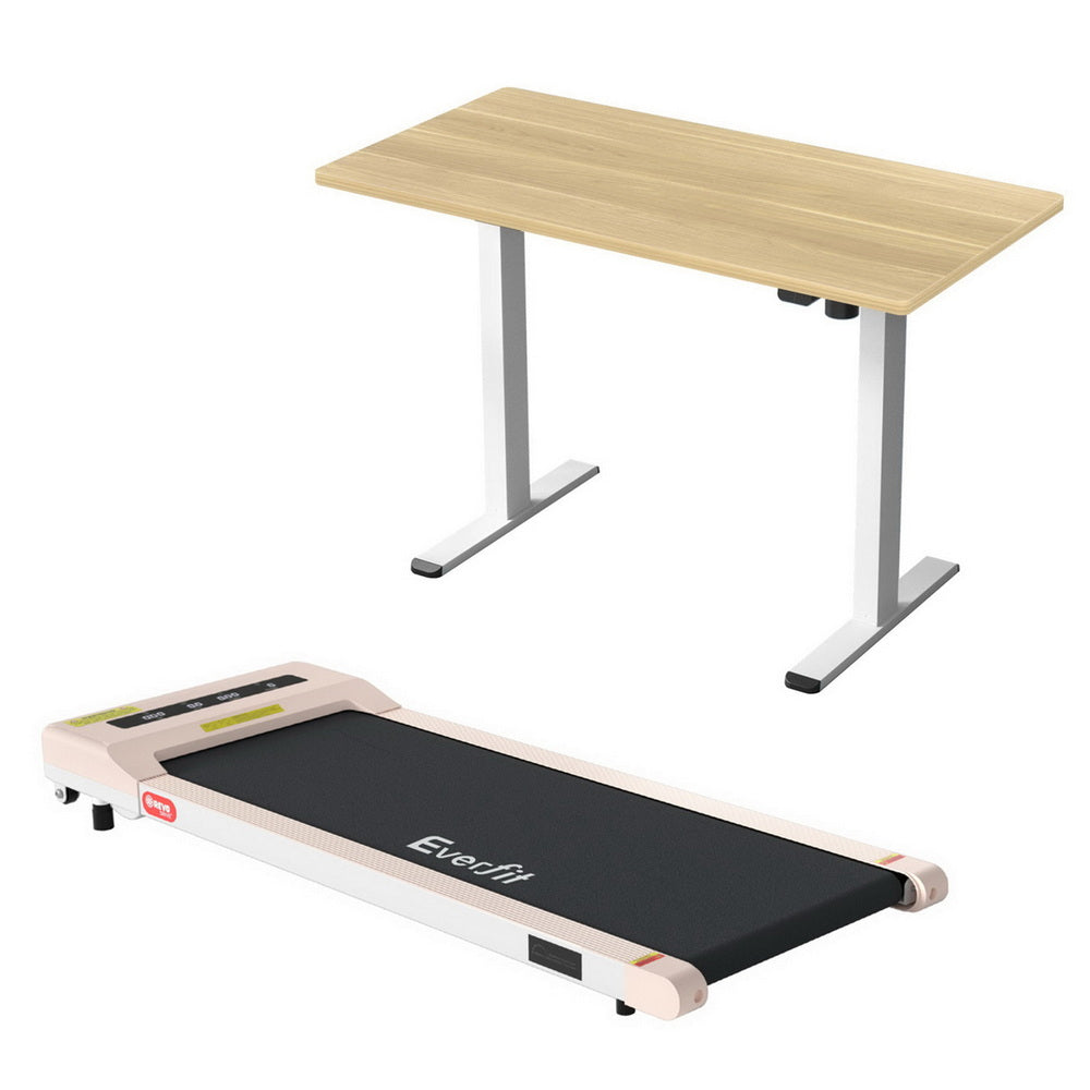 Kingston oak electric standing desk with walking pad in a home office