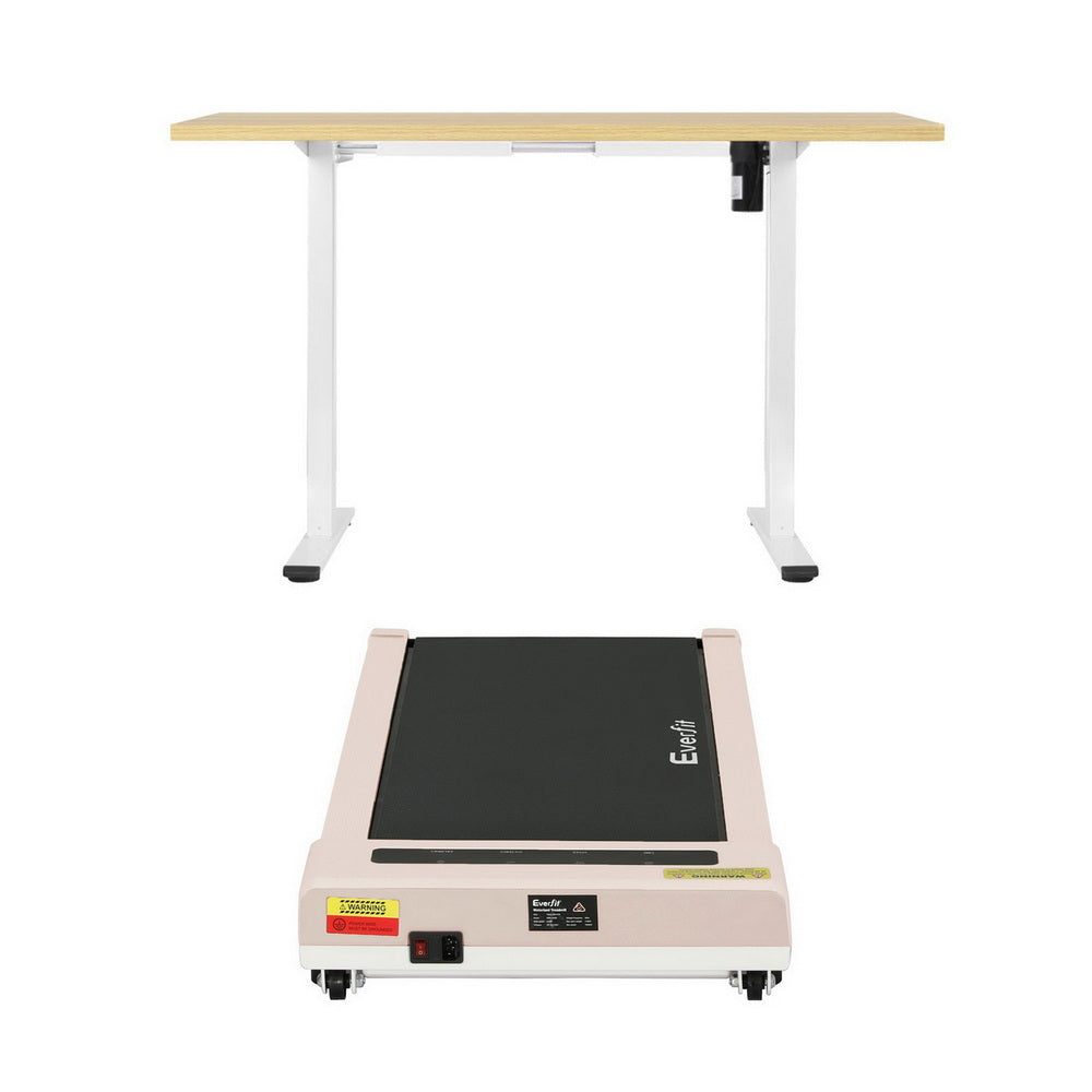 Kingston oak electric standing desk with walking pad in a home office