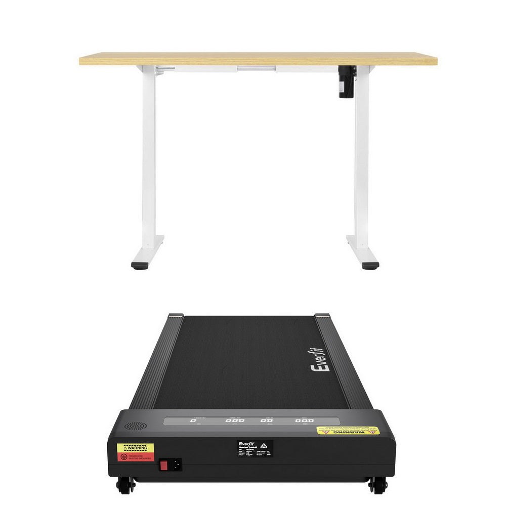 Kingston oak electric standing desk with walking pad in a home office