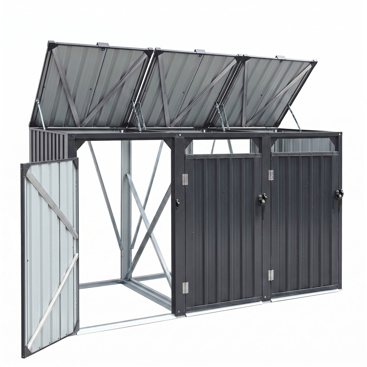 Grey steel triple wheelie bin storage shed