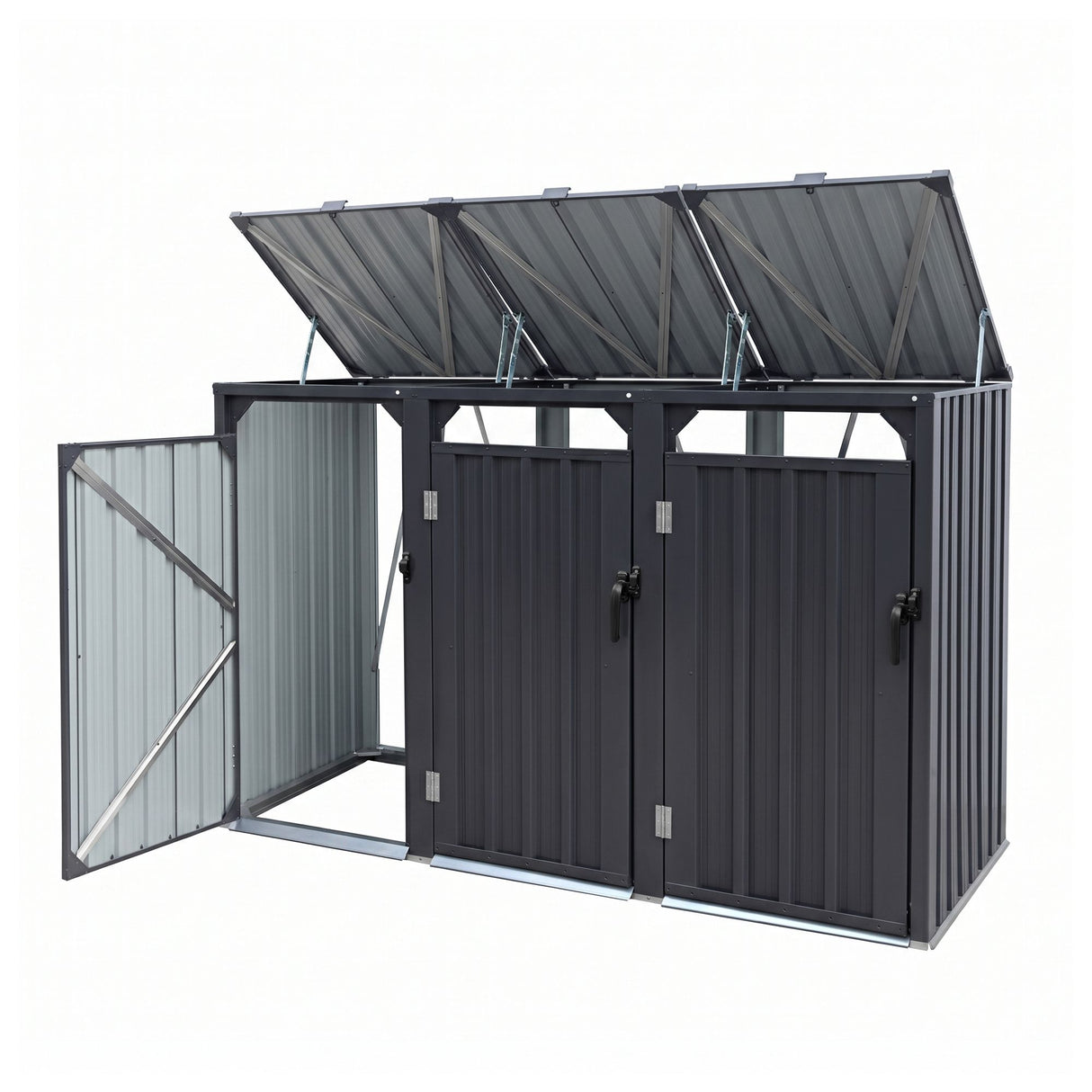 Grey steel triple wheelie bin storage shed (view 3)