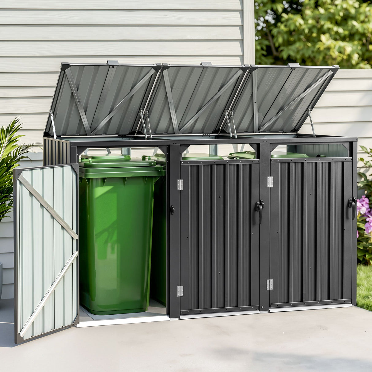 Grey steel triple wheelie bin storage shed (view 9)
