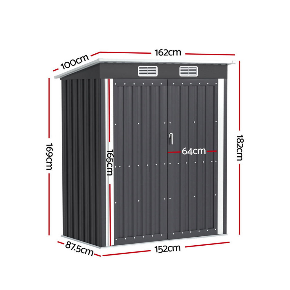 Garden Shed 1.62 x 1M Galvanised Steel Outdoor Storage - Grey