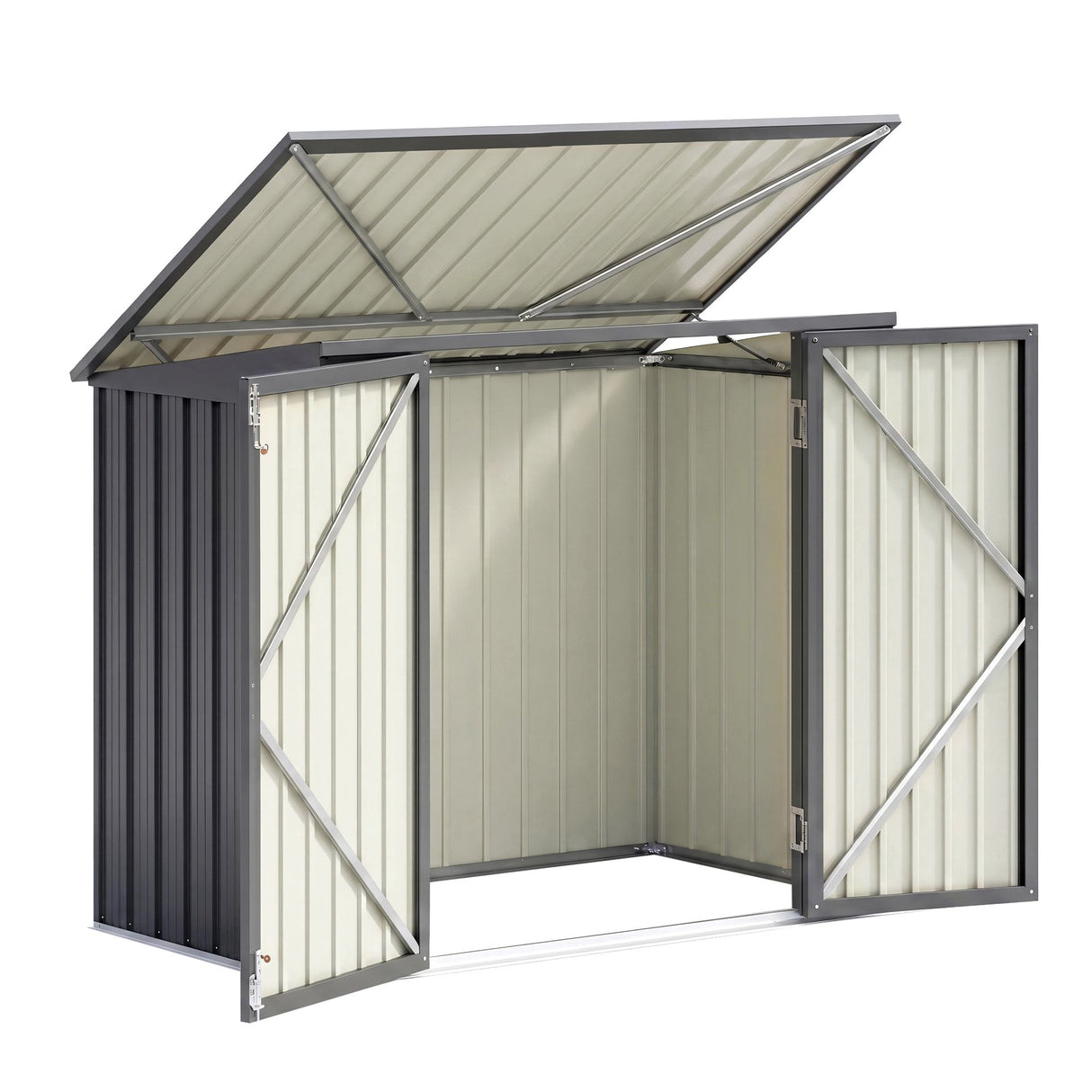Grey steel wheelie bin storage enclosure with gas struts