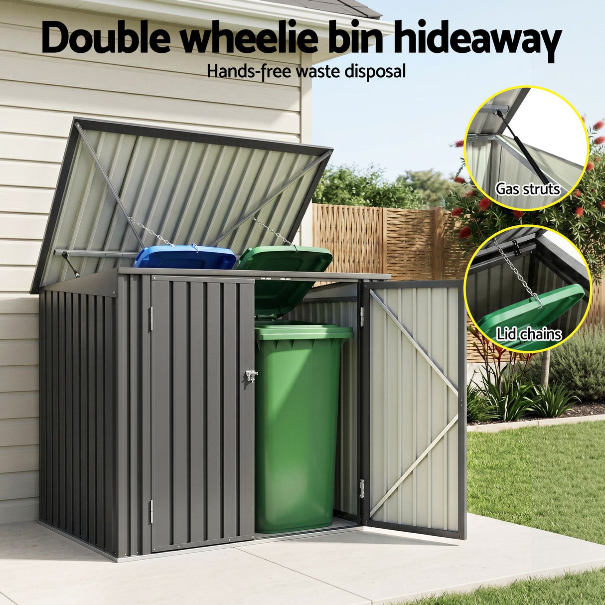 Grey steel wheelie bin storage enclosure with gas struts (view 5)