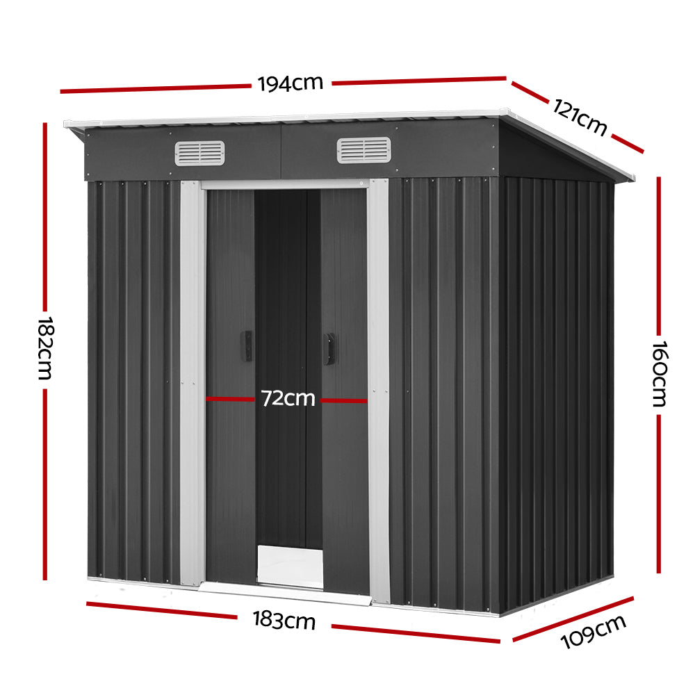 Garden Shed 1.94 x 1.21M Galvanised Steel with Sliding Doors - Grey