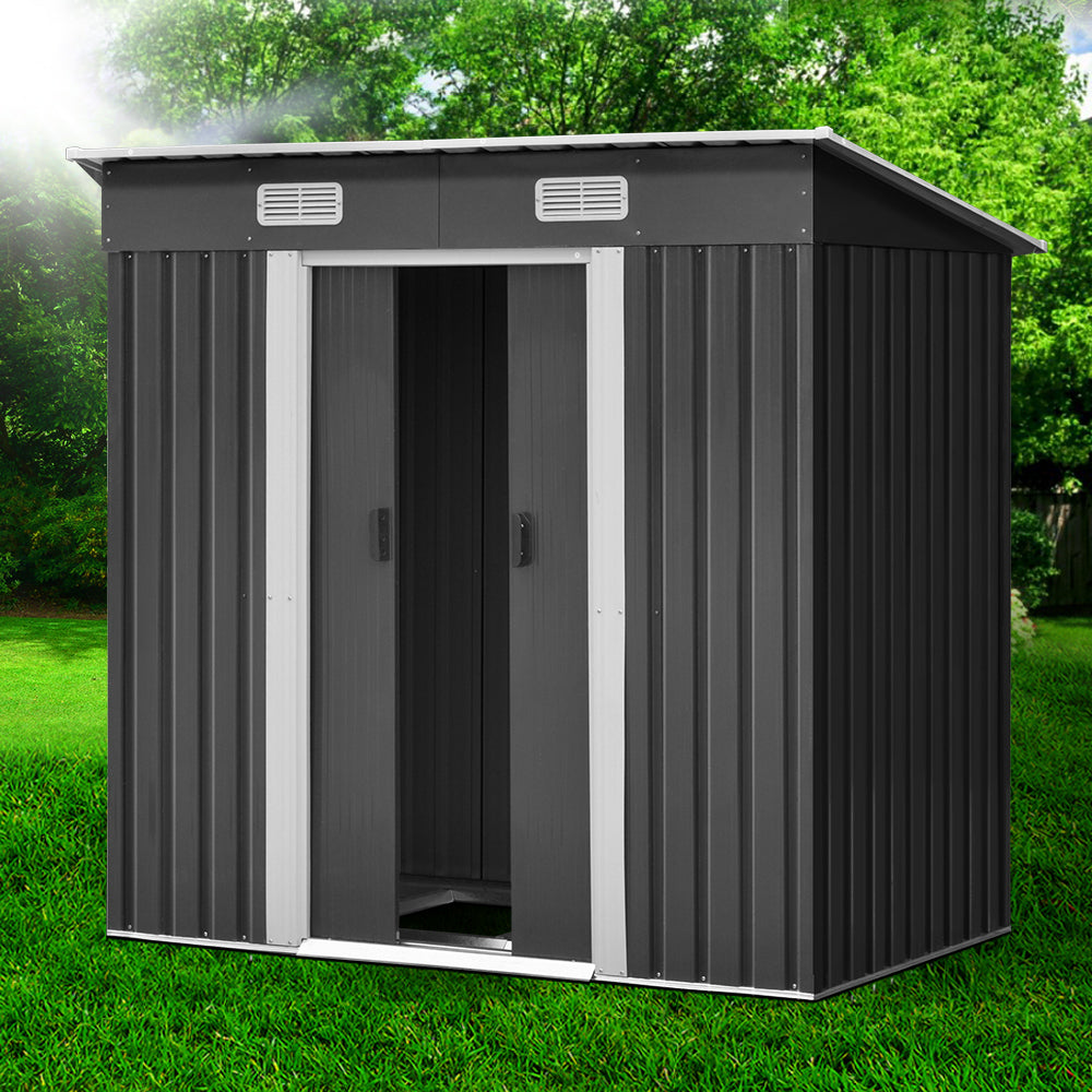Garden Shed 1.94 x 1.21M Galvanised Steel with Metal Base and Sliding Doors - Grey
