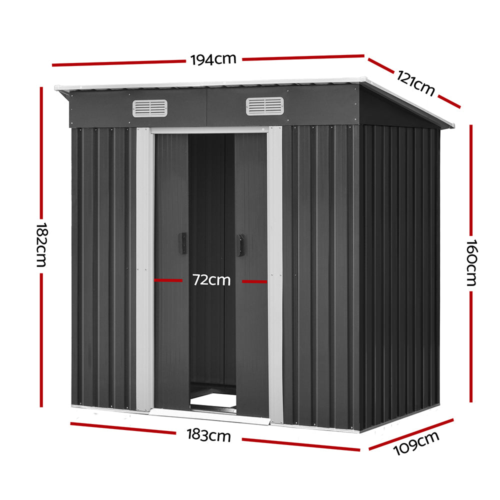 Garden Shed 1.94 x 1.21M Galvanised Steel with Metal Base and Sliding Doors - Grey