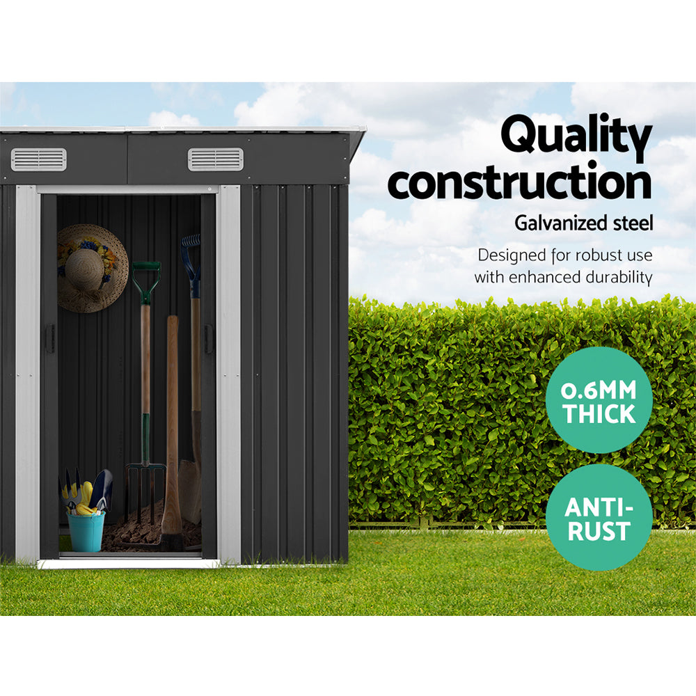 Garden Shed 1.94 x 1.21M Galvanised Steel with Metal Base and Sliding Doors - Grey