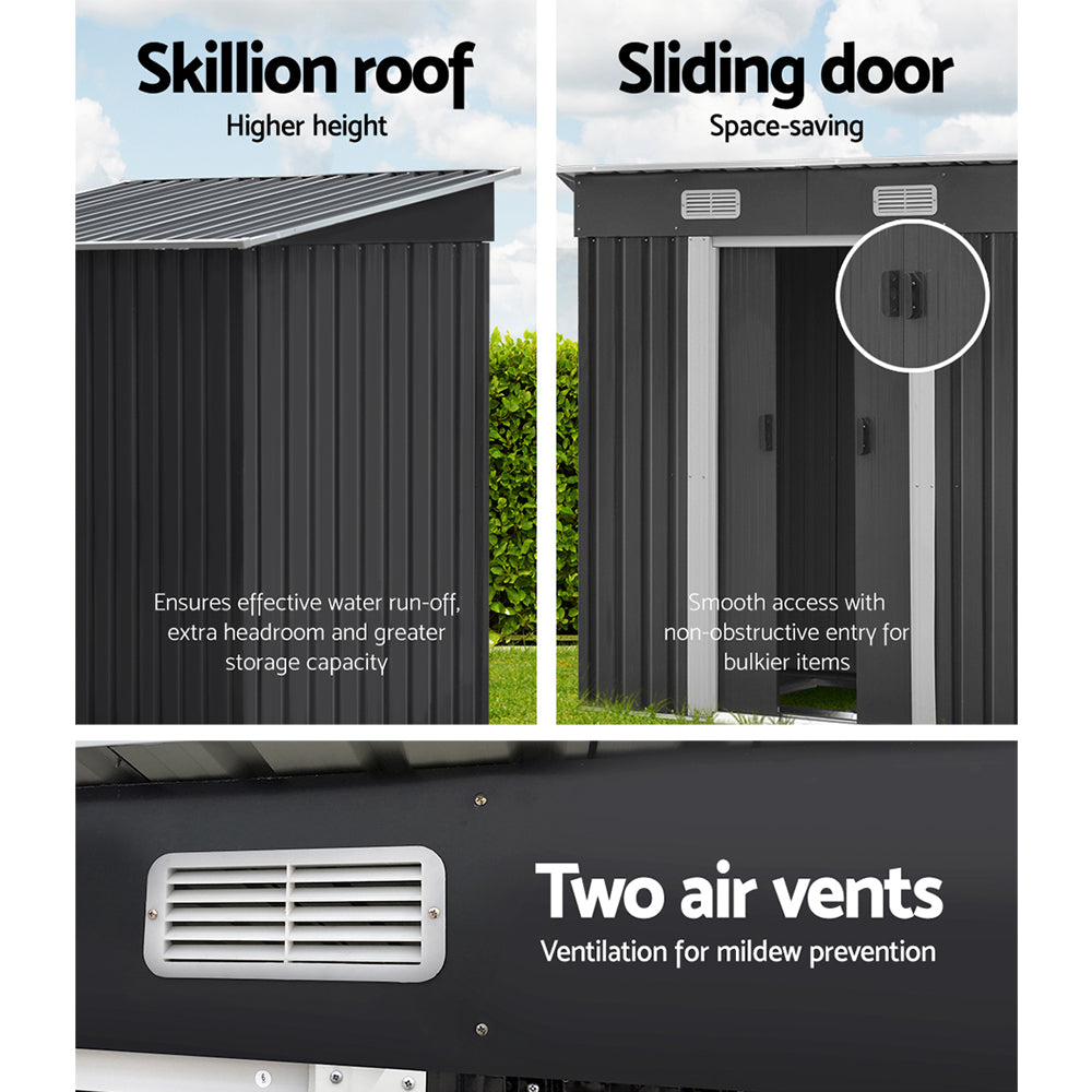 Garden Shed 1.94 x 1.21M Galvanised Steel with Metal Base and Sliding Doors - Grey