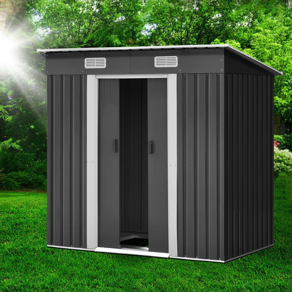 Garden Shed 1.94 x 1.21M Galvanised Steel with Metal Base and Sliding Doors - Grey