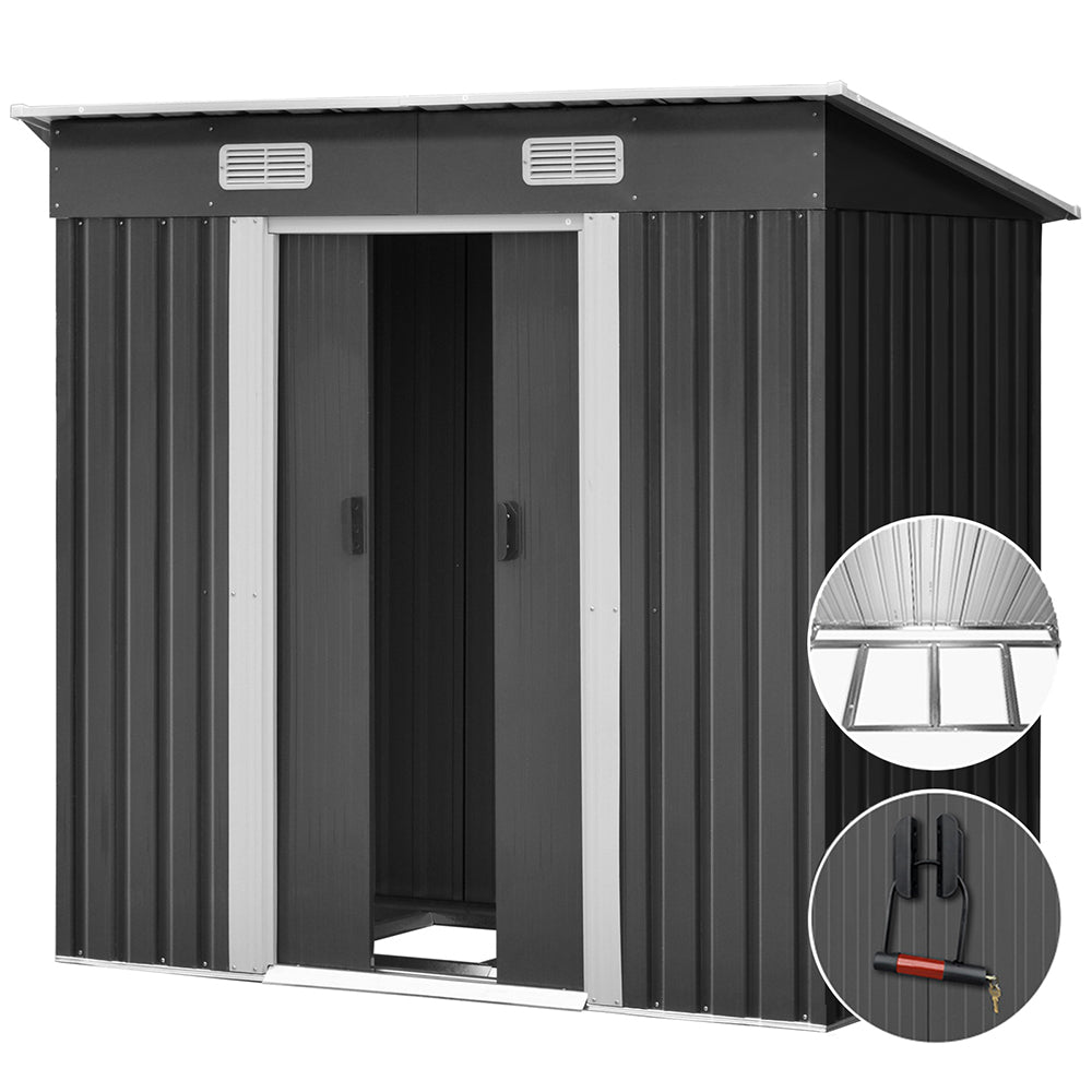Garden Shed 1.94 x 1.21M Galvanised Steel with Metal Base and Sliding Doors - Grey