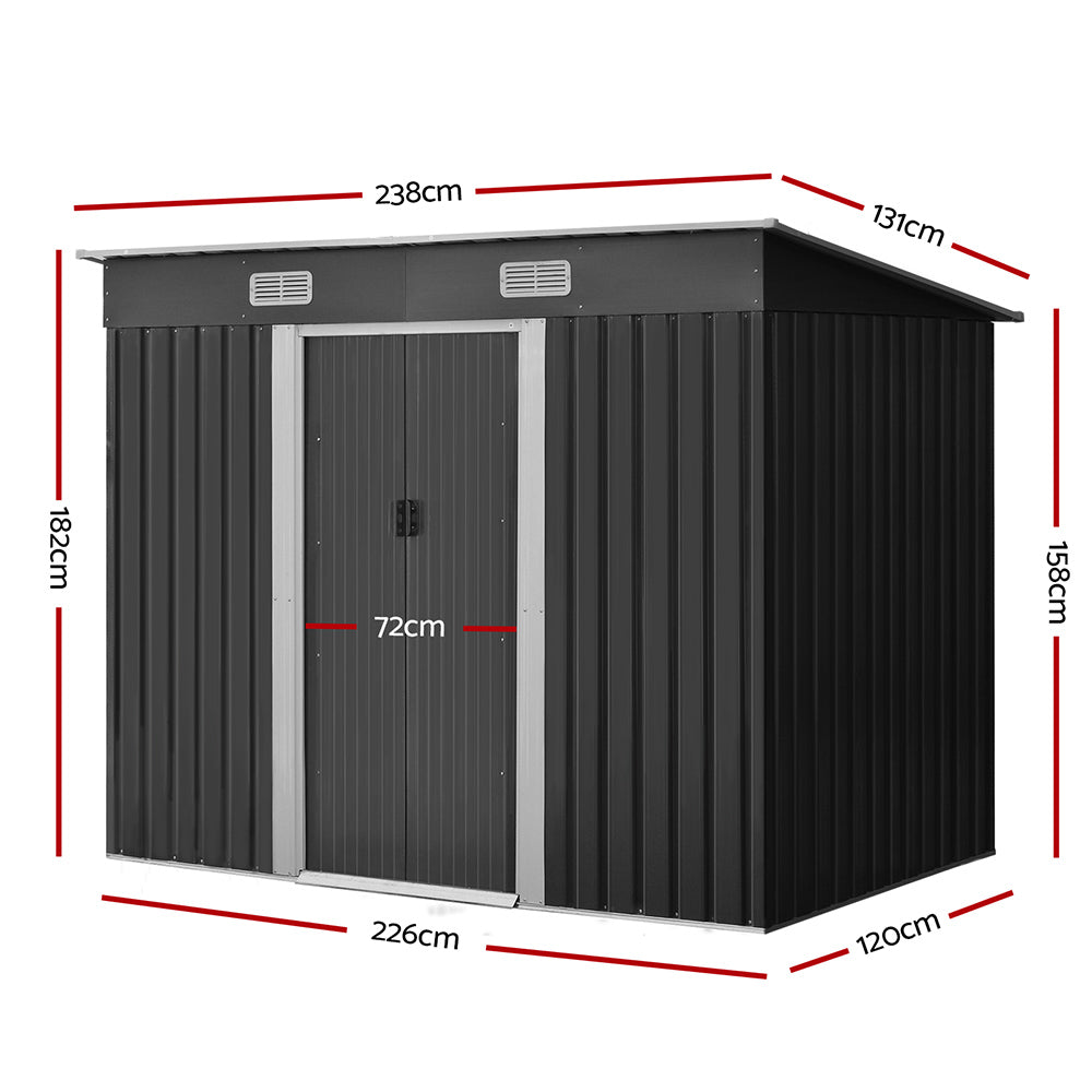 Garden Shed 2.38 x 1.31M Galvanised Steel with Sliding Doors - Grey