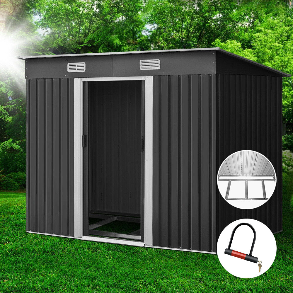 Garden Shed 2.38 x 1.31M Galvanised Steel with Metal Base and Sliding Doors - Grey