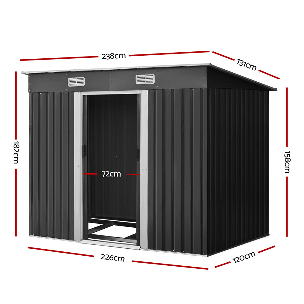 Garden Shed 2.38 x 1.31M Galvanised Steel with Metal Base and Sliding Doors - Grey