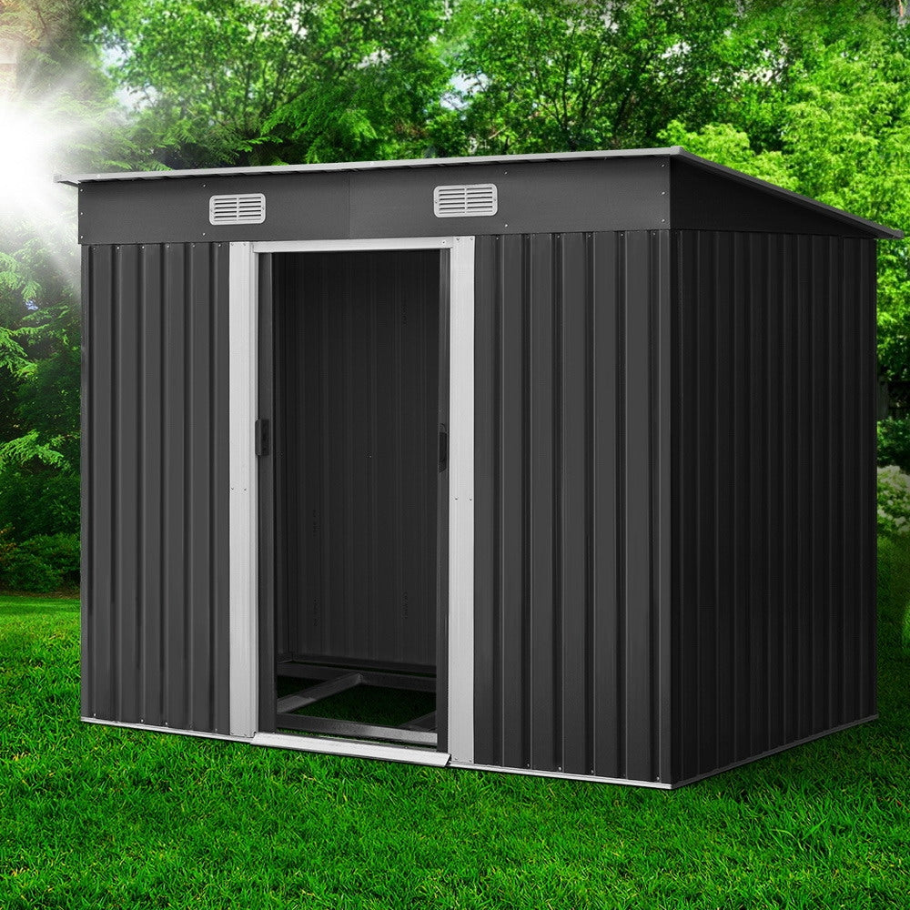 Garden Shed 2.38 x 1.31M Galvanised Steel with Metal Base and Sliding Doors - Grey
