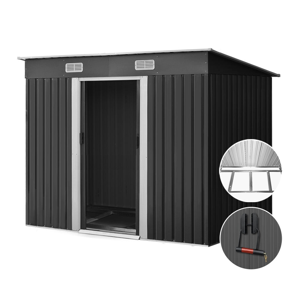 Garden Shed 2.38 x 1.31M Galvanised Steel with Metal Base and Sliding Doors - Grey