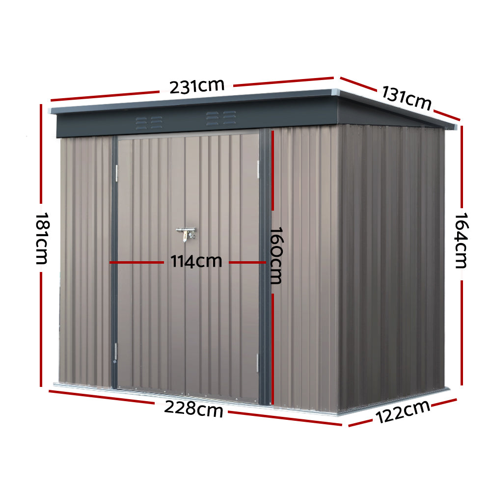 Garden Shed 2.31 x 1.31M Galvanised Steel with Double Doors - Brown